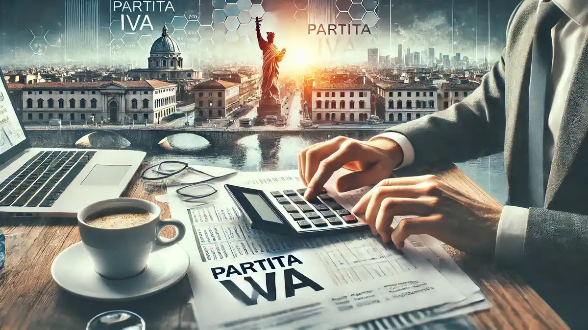 Человек с калькулятором и документами Partita IVA в Италии 2025